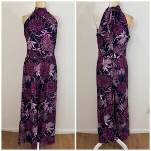 Jude Connally Floral Wide Leg Jumpsuit Size M Purple Mock Neck Tie